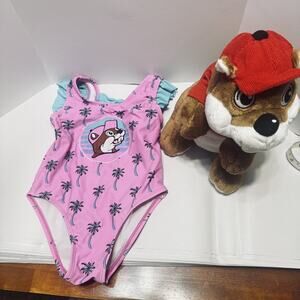 Buc-ees Baby Girl Pink Swimsuit 12-18 mos. & Bonus Plush Beaver Bucee